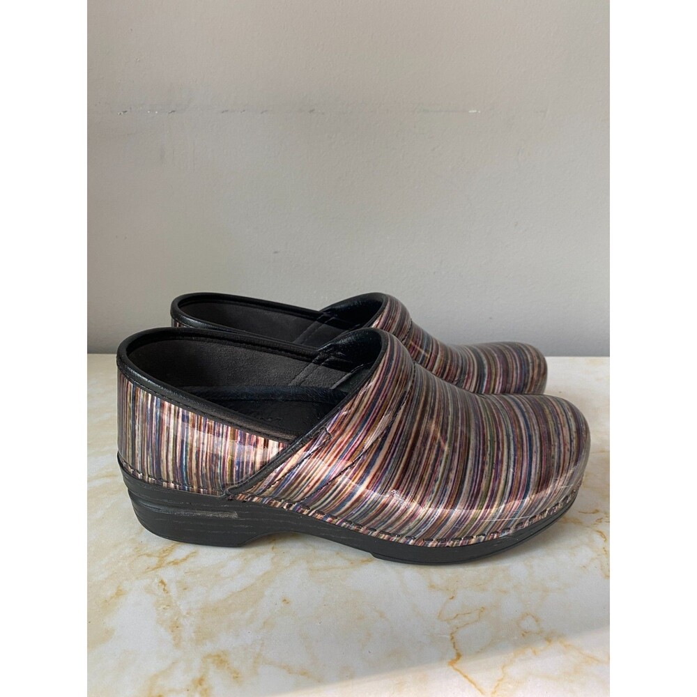 Dansko Professional XP Clogs Multi Color Metallic Stripe Patent Leather Shoes 37